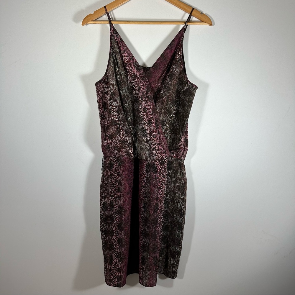 RORY BECA 100% Silk Snake Skin Print V-Neck Mini Dress Purple Green Size Medium